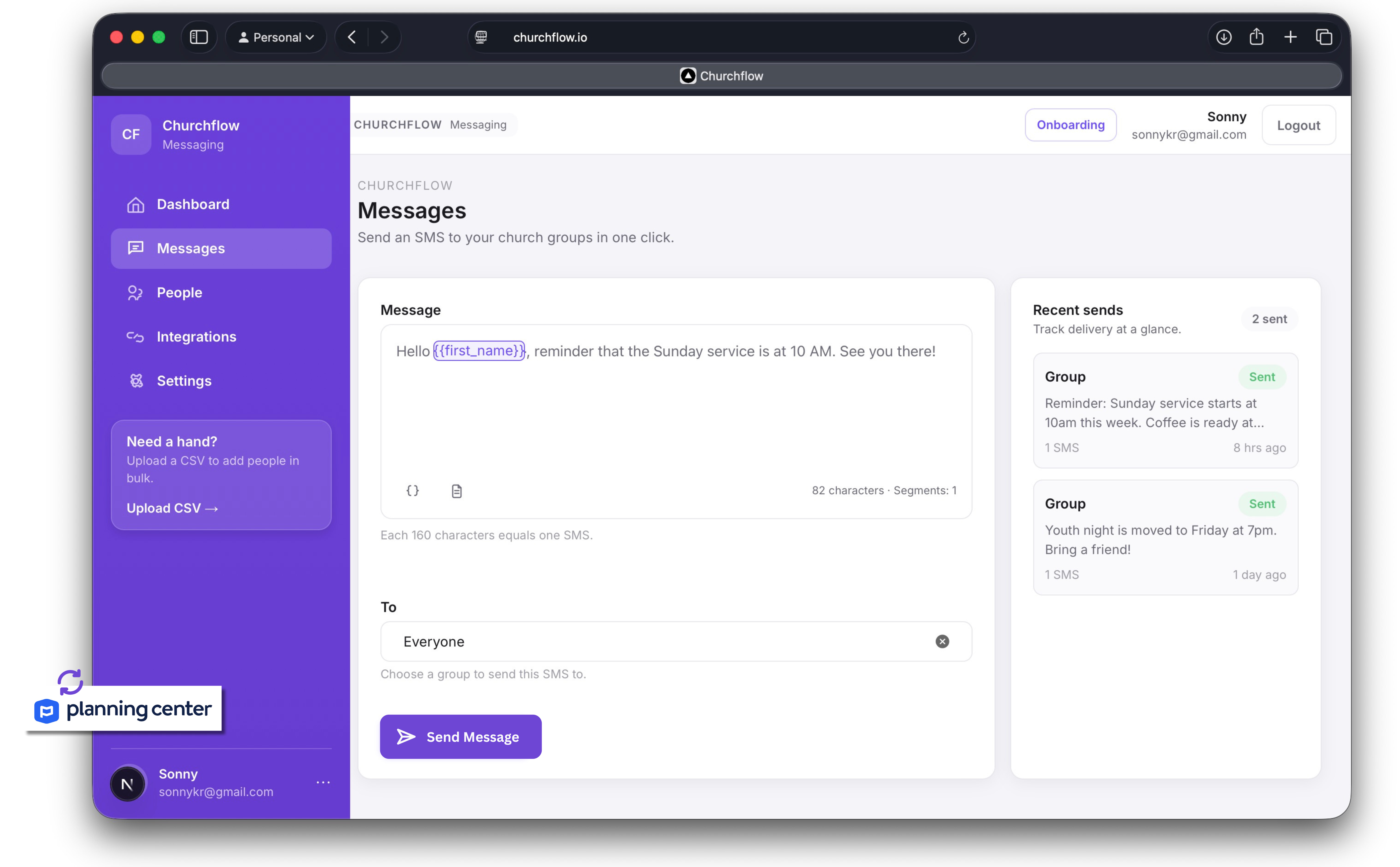 Churchflow messaging dashboard interface